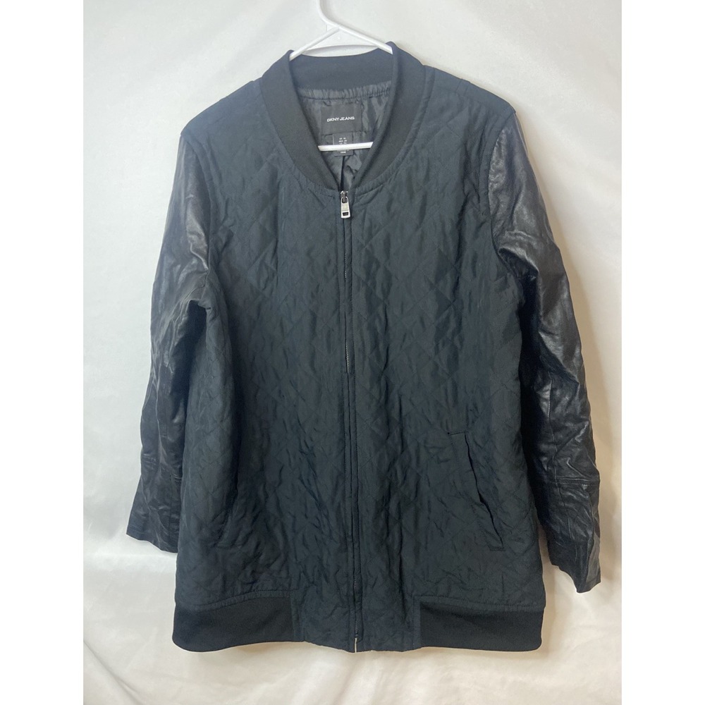 DKNY Jeans Womens Quilted Bomber Jacket Coat Moto Zip Front Long Sleeve Black XL - Picture 2 of 16